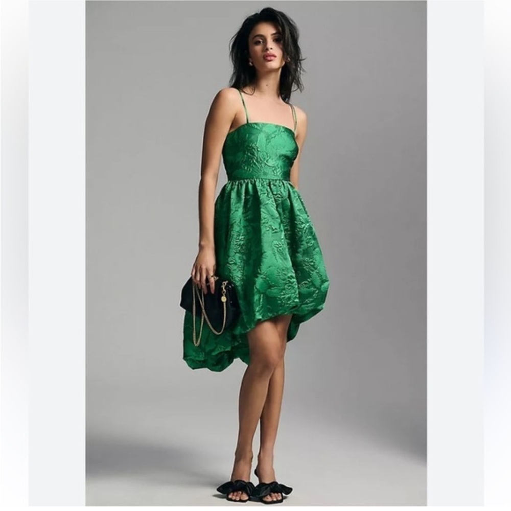 By Anthropologie green jacquard bubble dress high low size 4